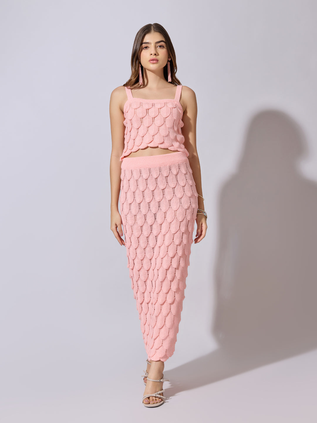 Women's Textured Pink Knit Crop Top with Skirt Co-Ord Set