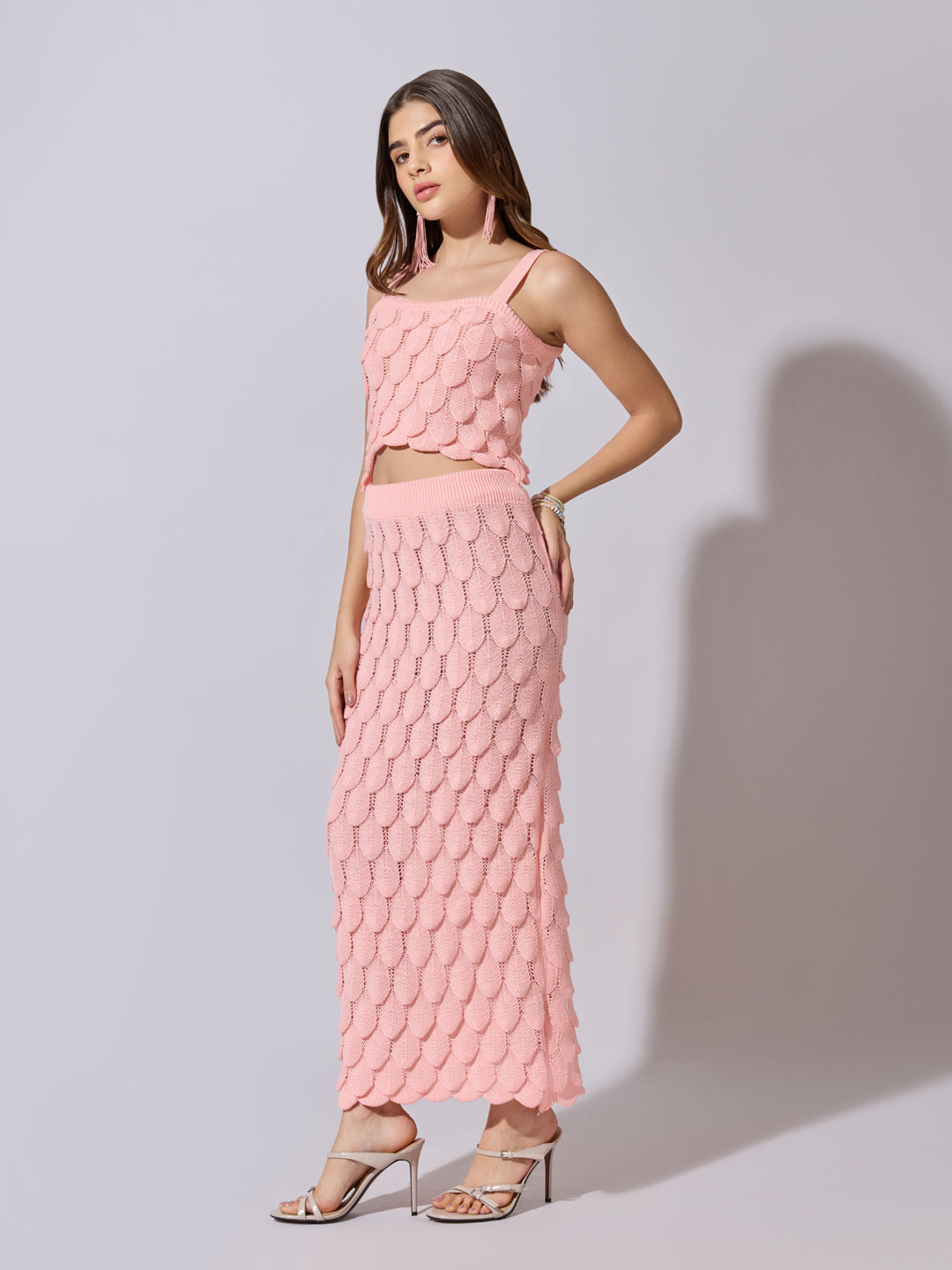 Women's Textured Pink Knit Crop Top with Skirt Co-Ord Set