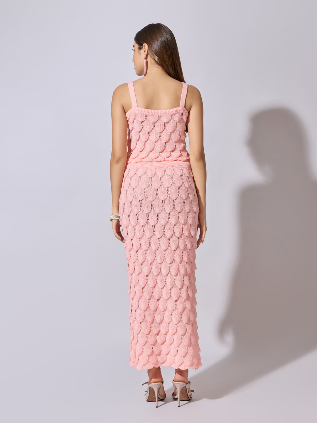 Women's Textured Pink Knit Crop Top with Skirt Co-Ord Set