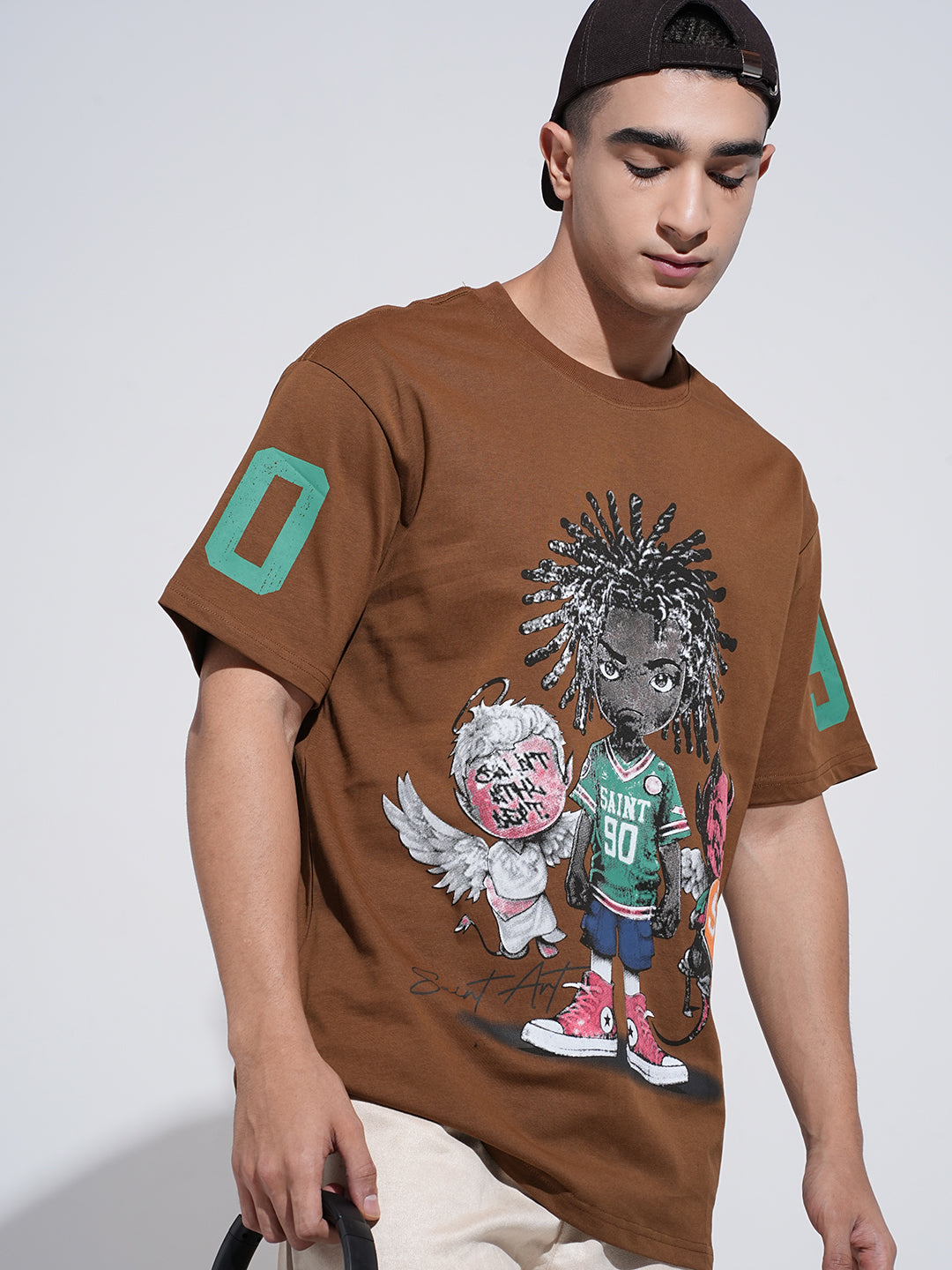 Men's Graphic Print Brown Short Sleeves Round Neck Relaxed Fit T-Shirt