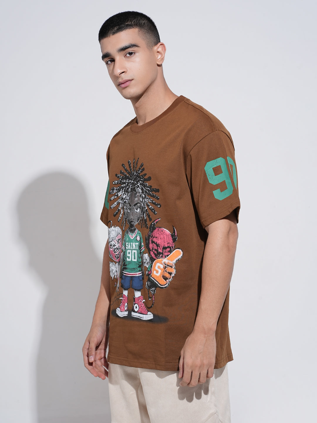 Men's Graphic Print Brown Short Sleeves Round Neck Relaxed Fit T-Shirt