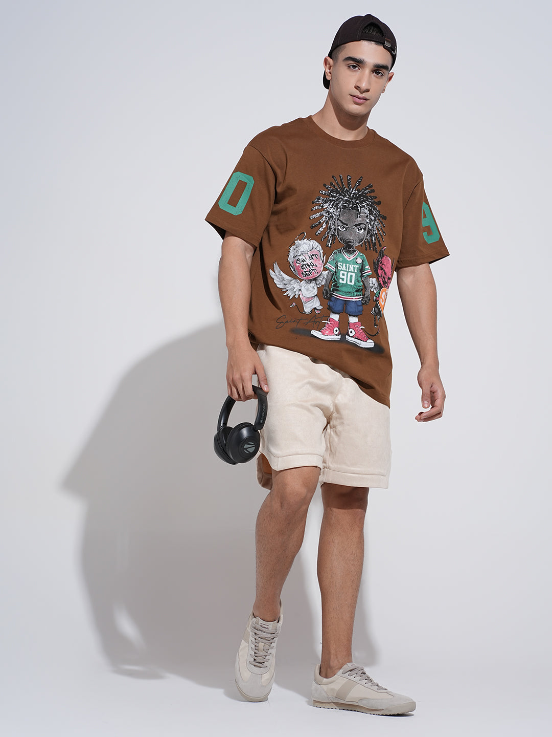 Men's Graphic Print Brown Short Sleeves Round Neck Relaxed Fit T-Shirt