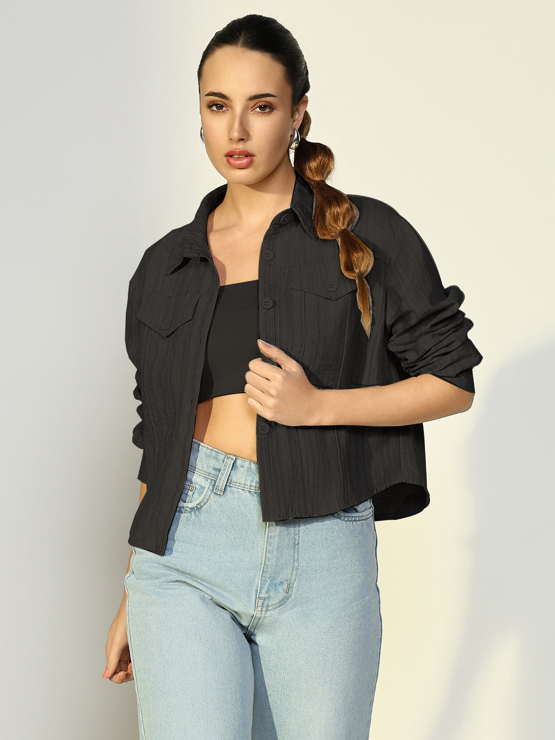 Women Solid Black Casual Jacket