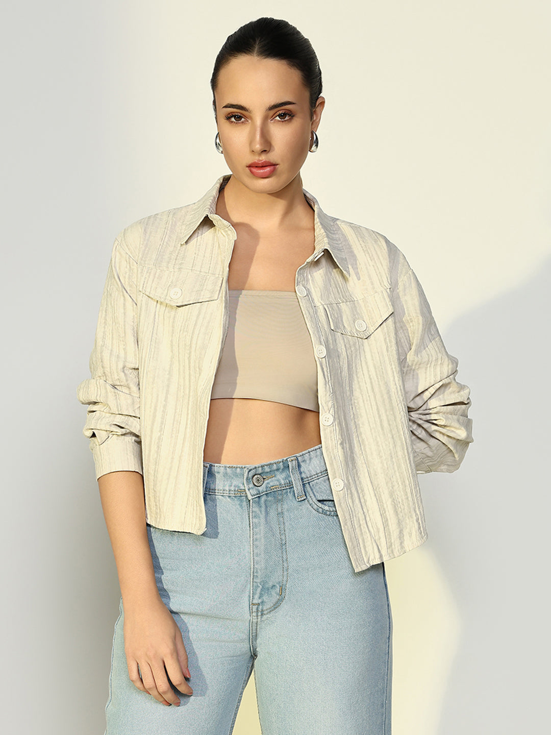 Women Striped Cream Open Front Jacket