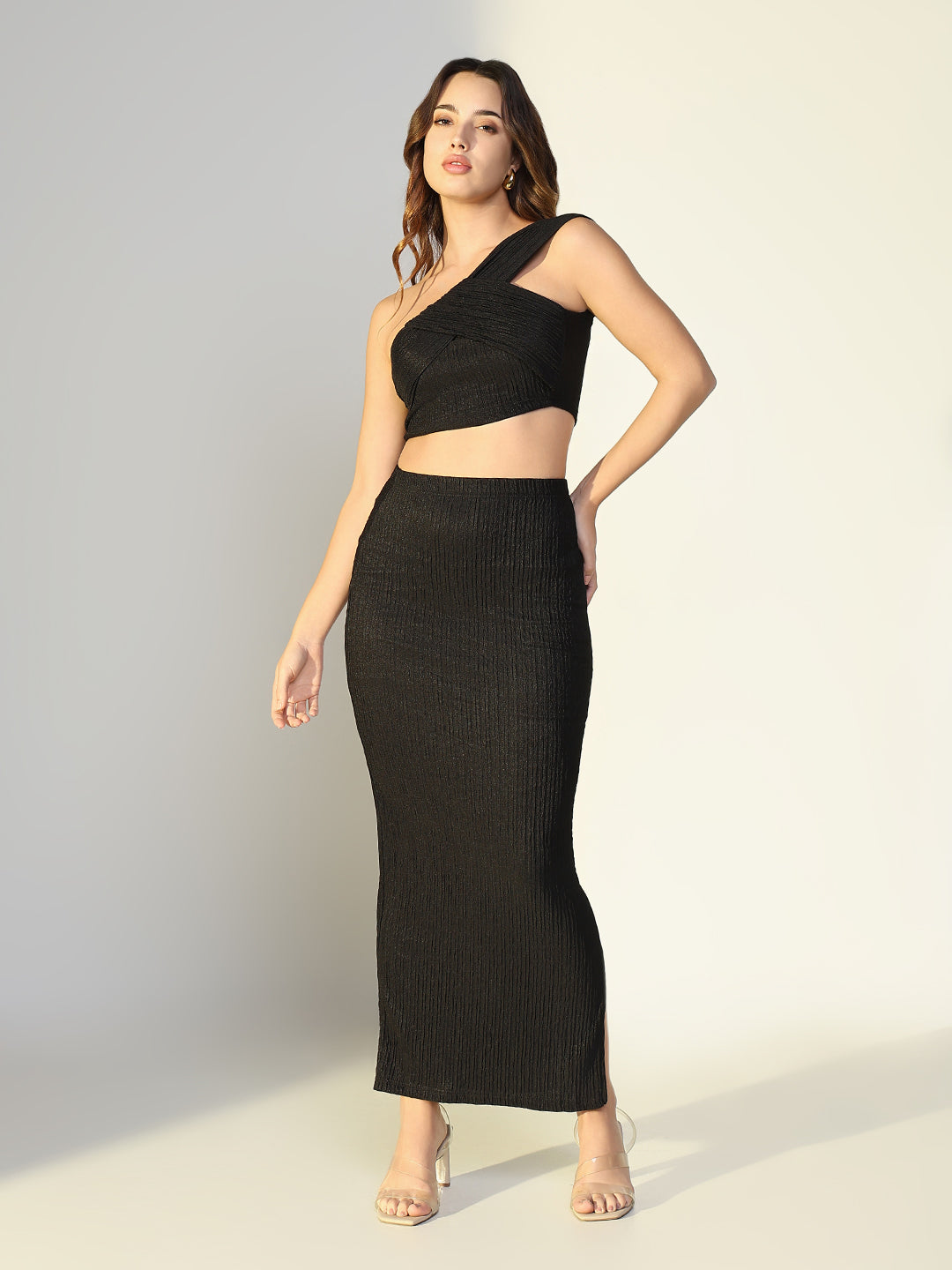 Women's Textured Black One Shoulder Crop Top & Skirt Co Ord Set