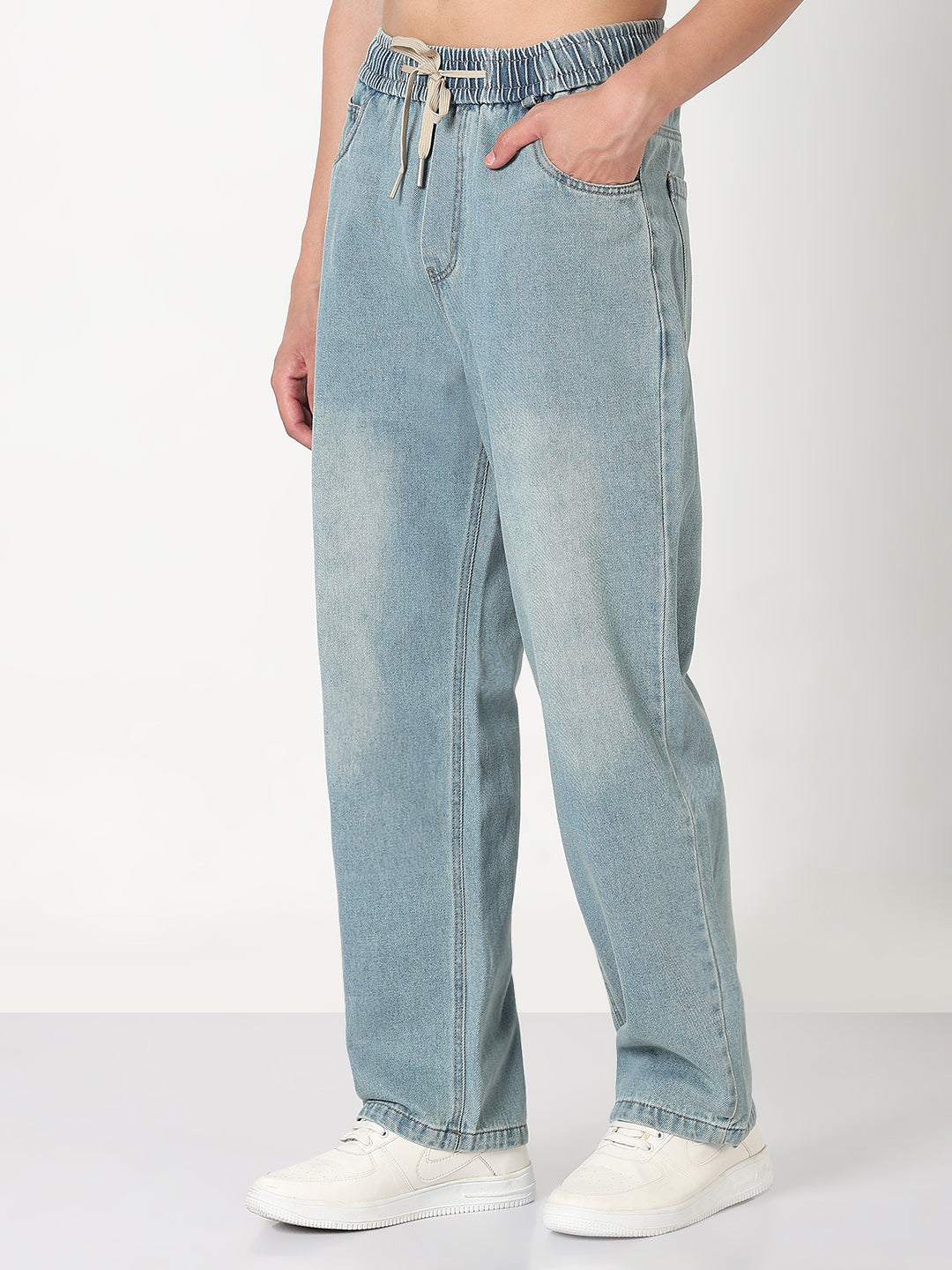 Men's Blue Washed Straight Fit Drawstring Jeans