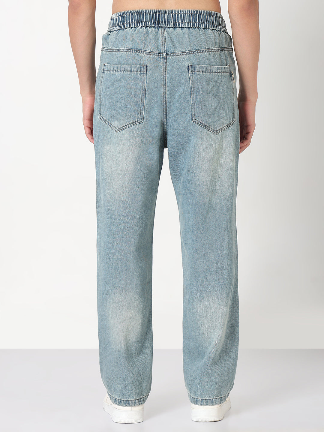 Men's Blue Washed Straight Fit Drawstring Jeans