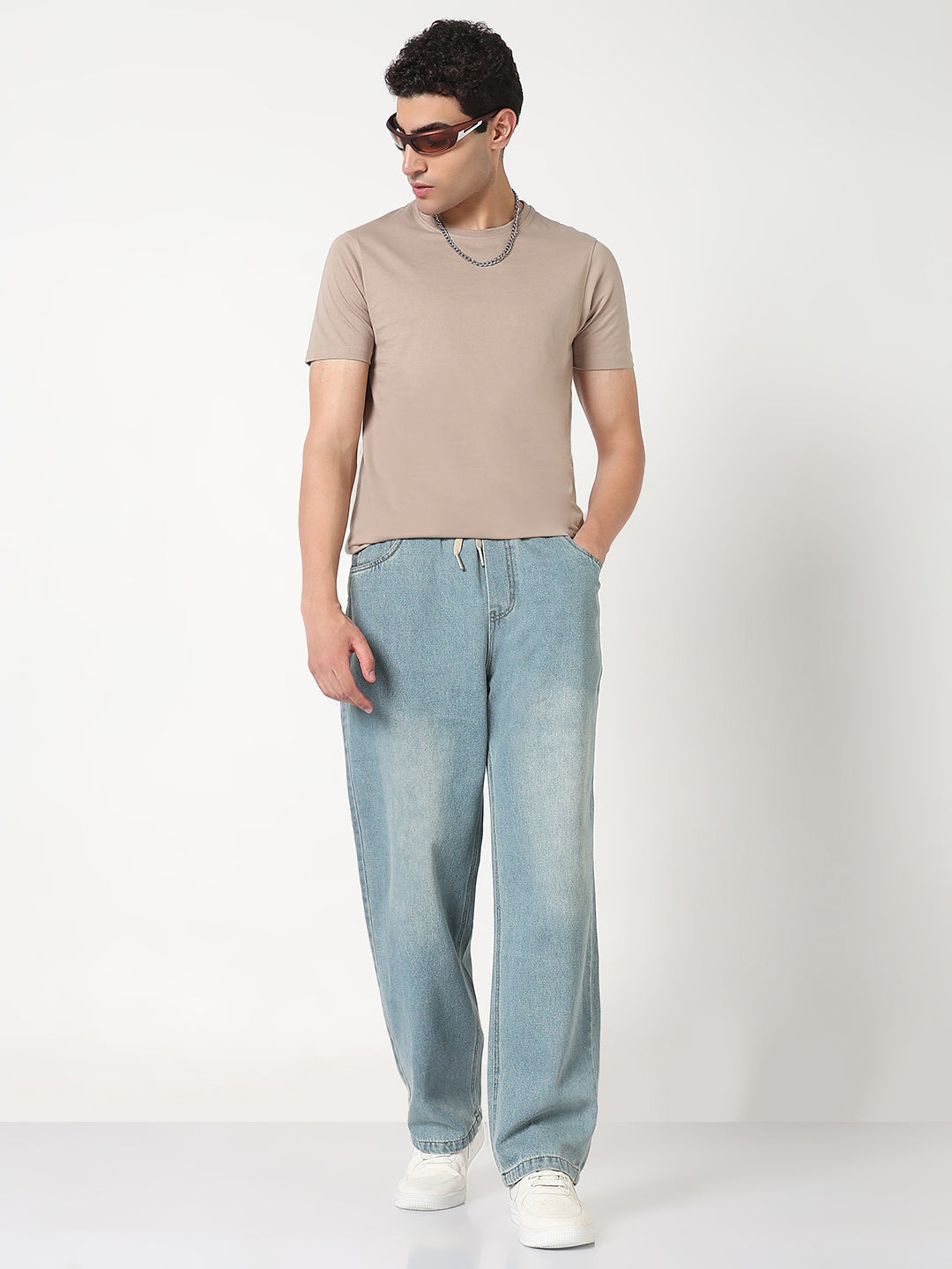 Men's Blue Washed Straight Fit Drawstring Jeans