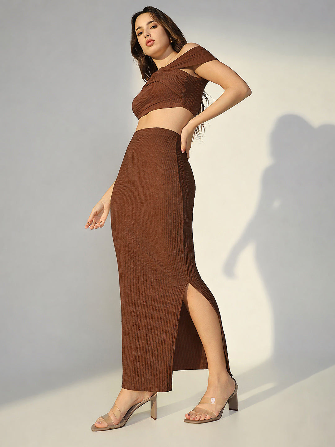 Women's Textured Brown One Shoulder Crop Top & Skirt Co Ord Set