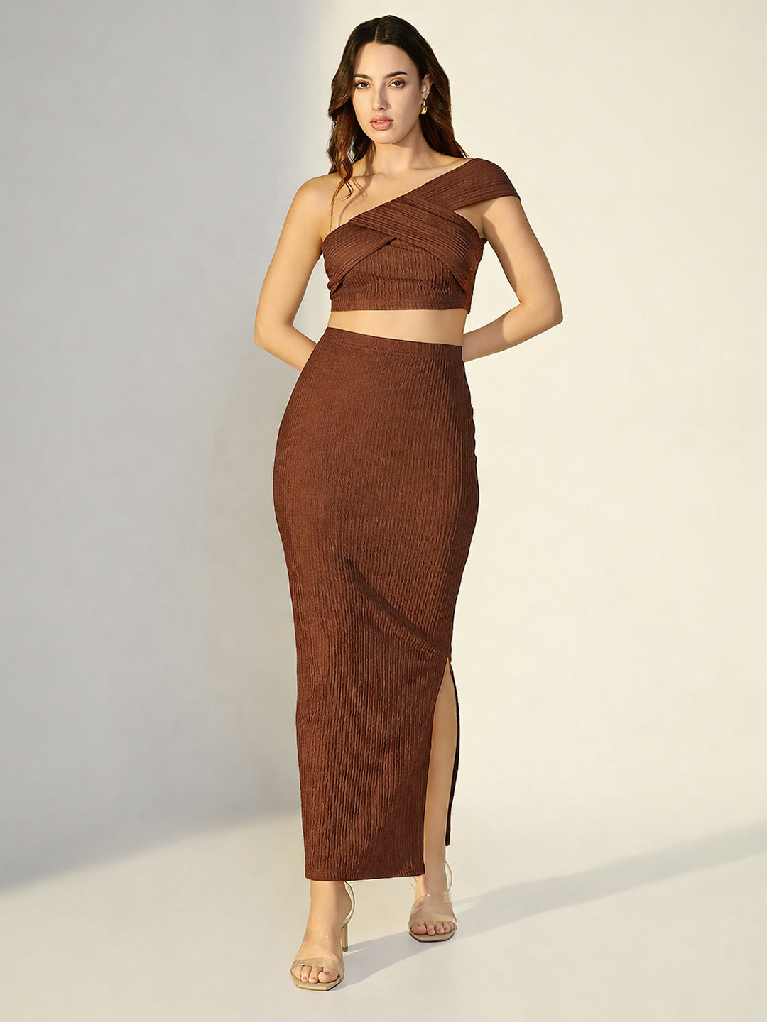 Women's Textured Brown One Shoulder Crop Top & Skirt Co Ord Set