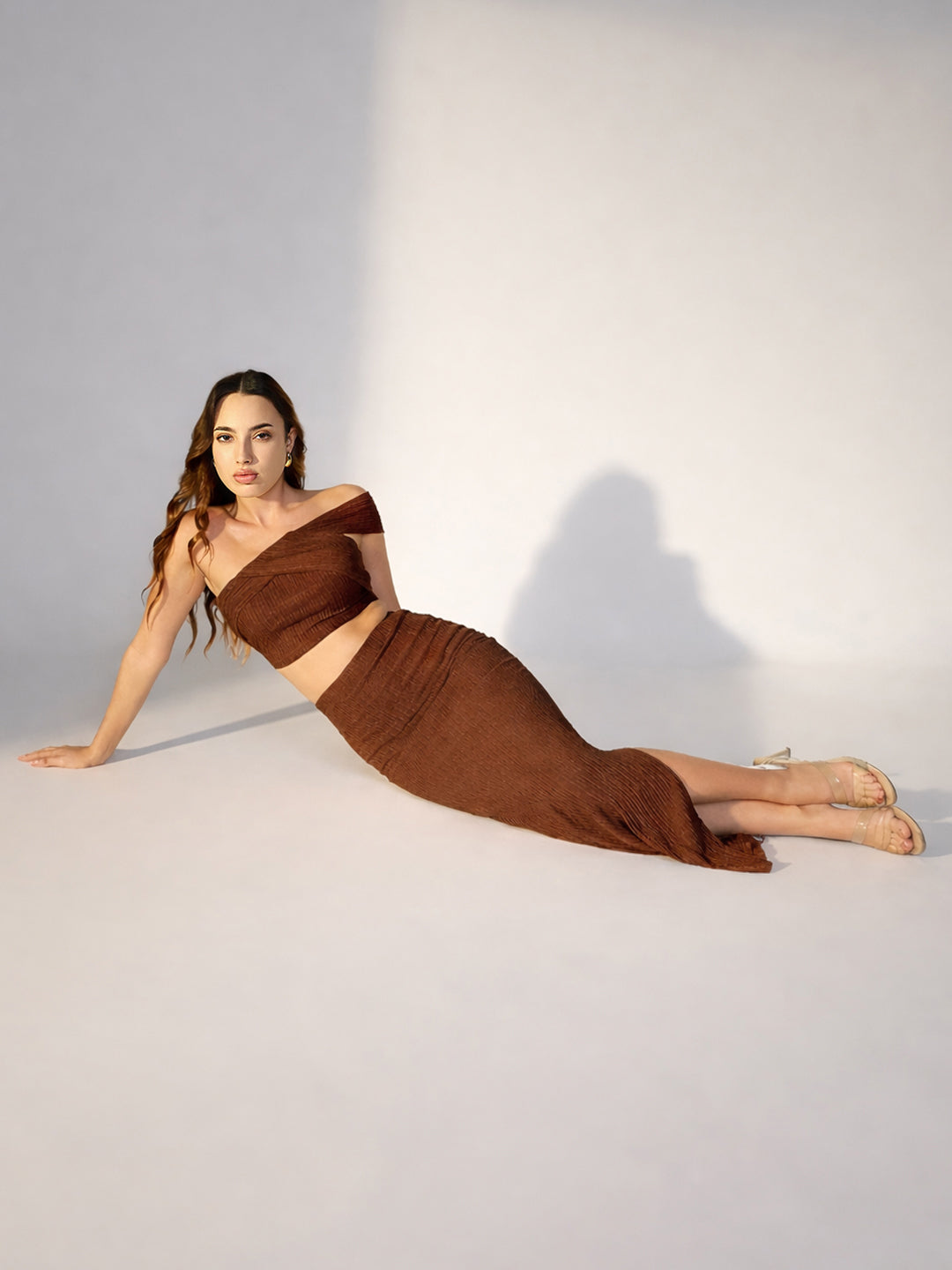 Women's Textured Brown One Shoulder Crop Top & Skirt Co Ord Set