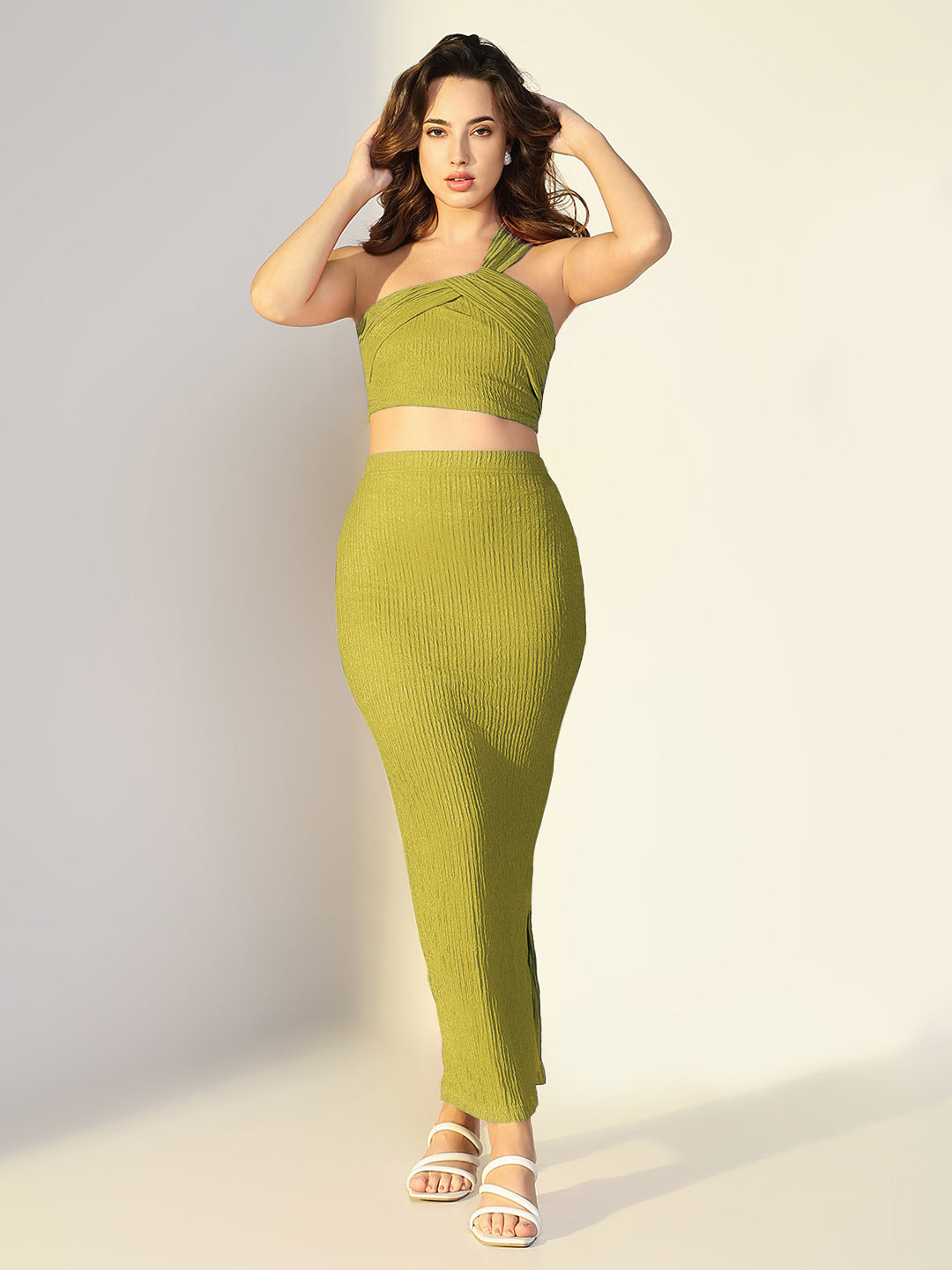 Women's Textured Green One Shoulder Crop Top & Skirt Co Ord Set