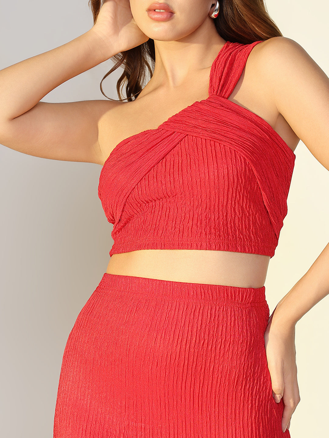 Women's Textured Red One Shoulder Crop Top & Skirt Co Ord Set