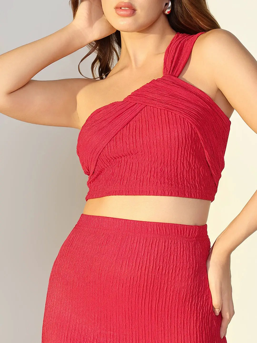 Women's Textured Red One Shoulder Crop Top & Skirt Co Ord Set