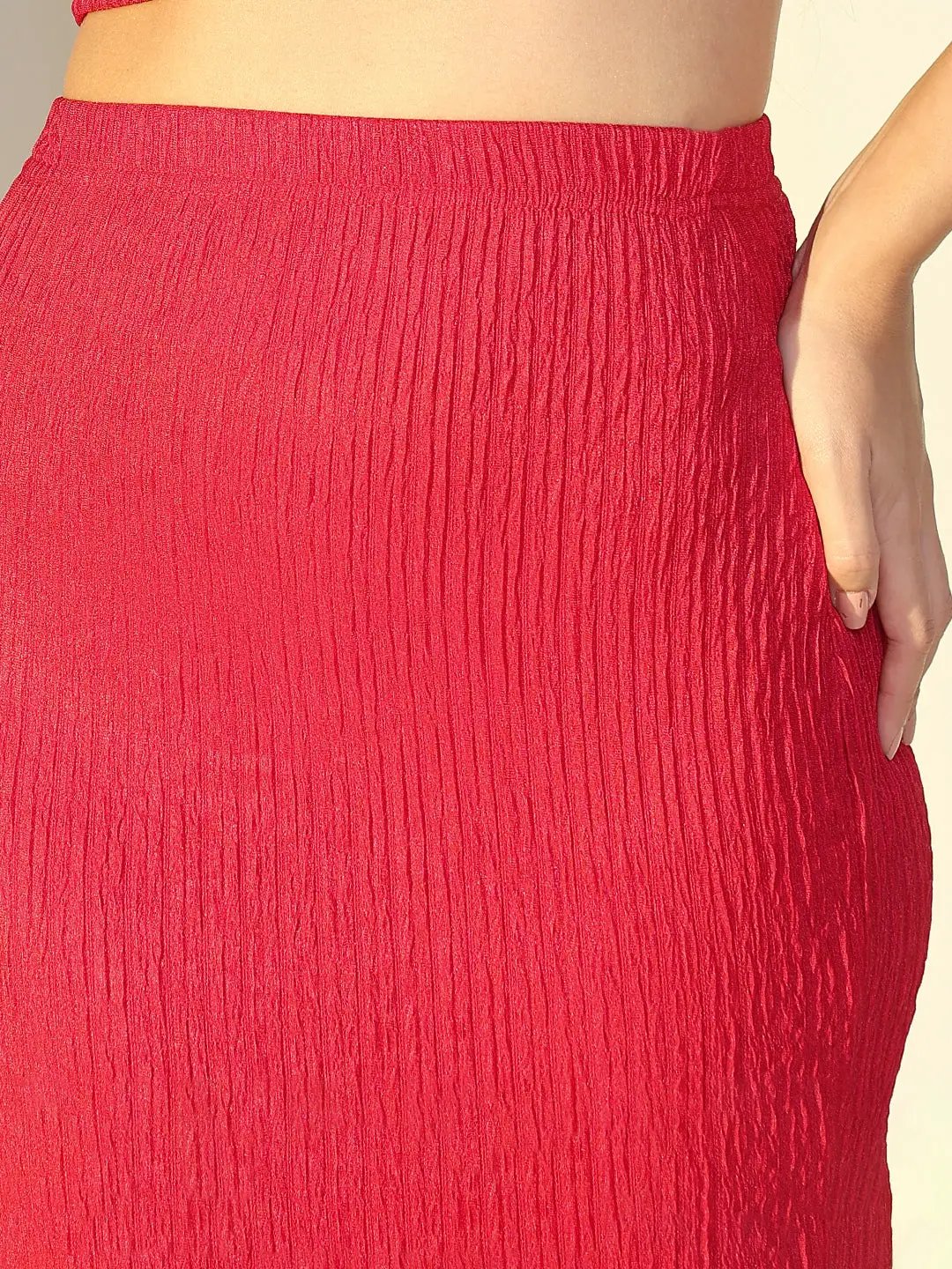 Women's Textured Red One Shoulder Crop Top & Skirt Co Ord Set