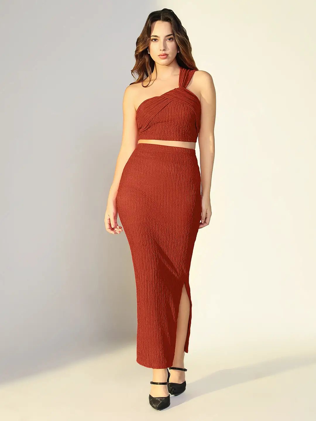 Women's Textured Rust One Shoulder Crop Top & Skirt Co Ord Set
