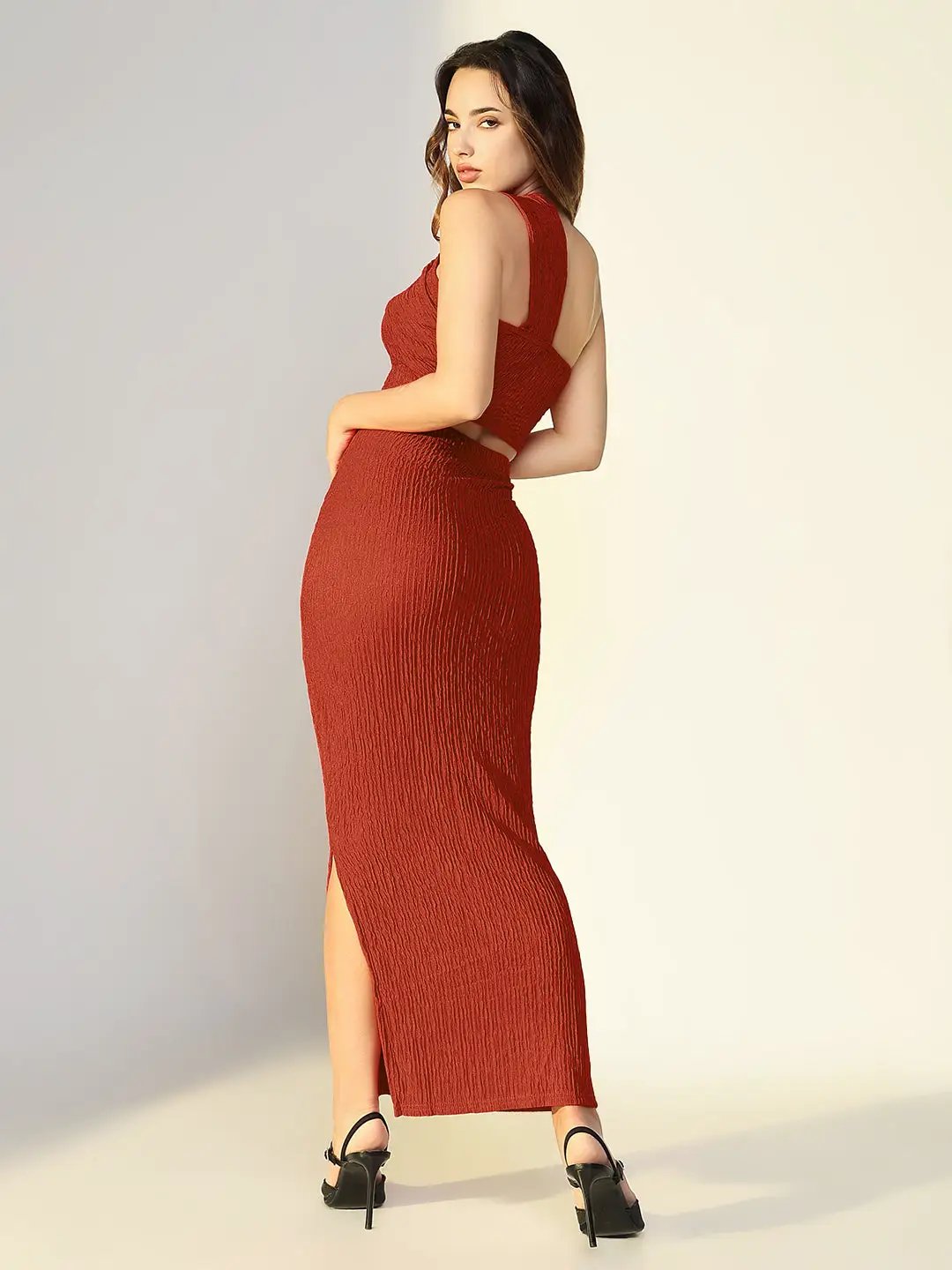Women's Textured Rust One Shoulder Crop Top & Skirt Co Ord Set