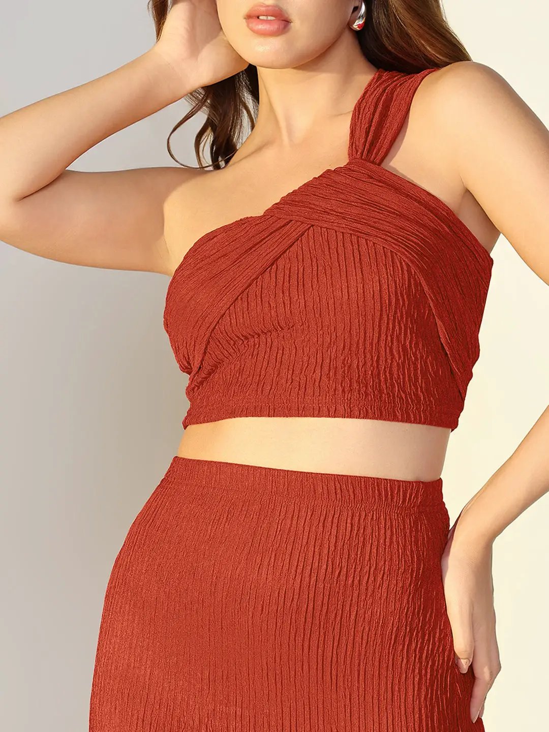 Women's Textured Rust One Shoulder Crop Top & Skirt Co Ord Set
