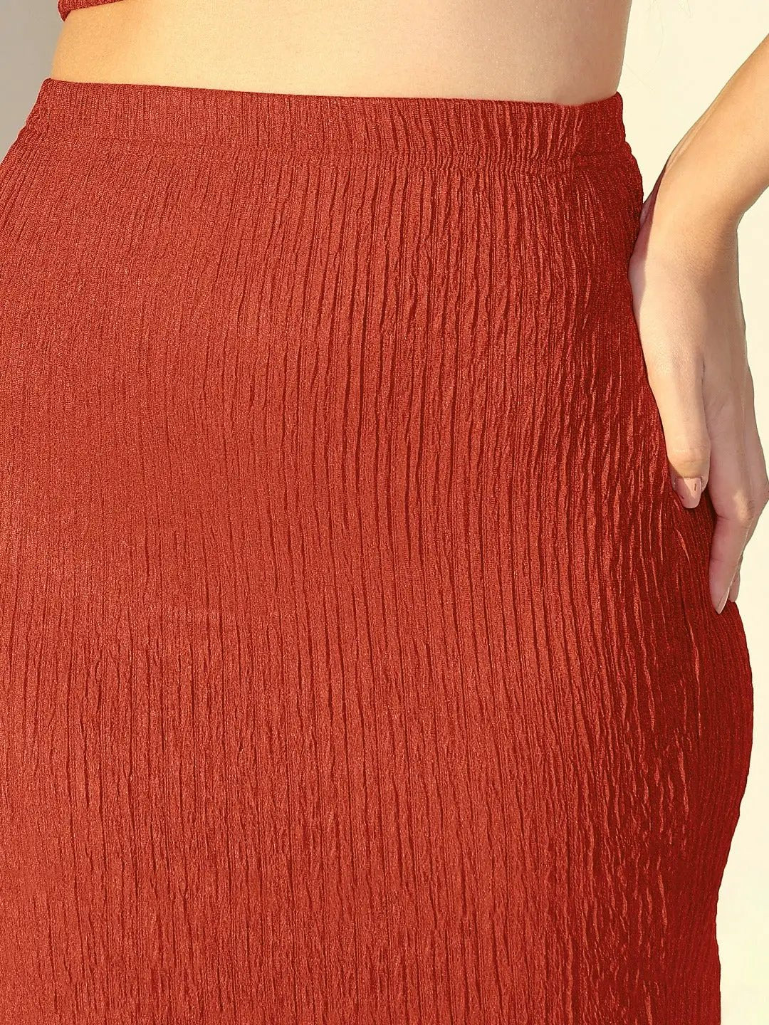 Women's Textured Rust One Shoulder Crop Top & Skirt Co Ord Set