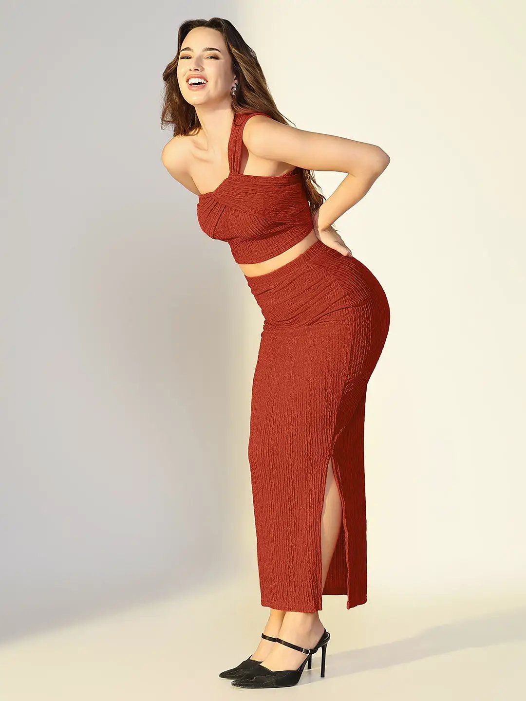Women's Textured Rust One Shoulder Crop Top & Skirt Co Ord Set