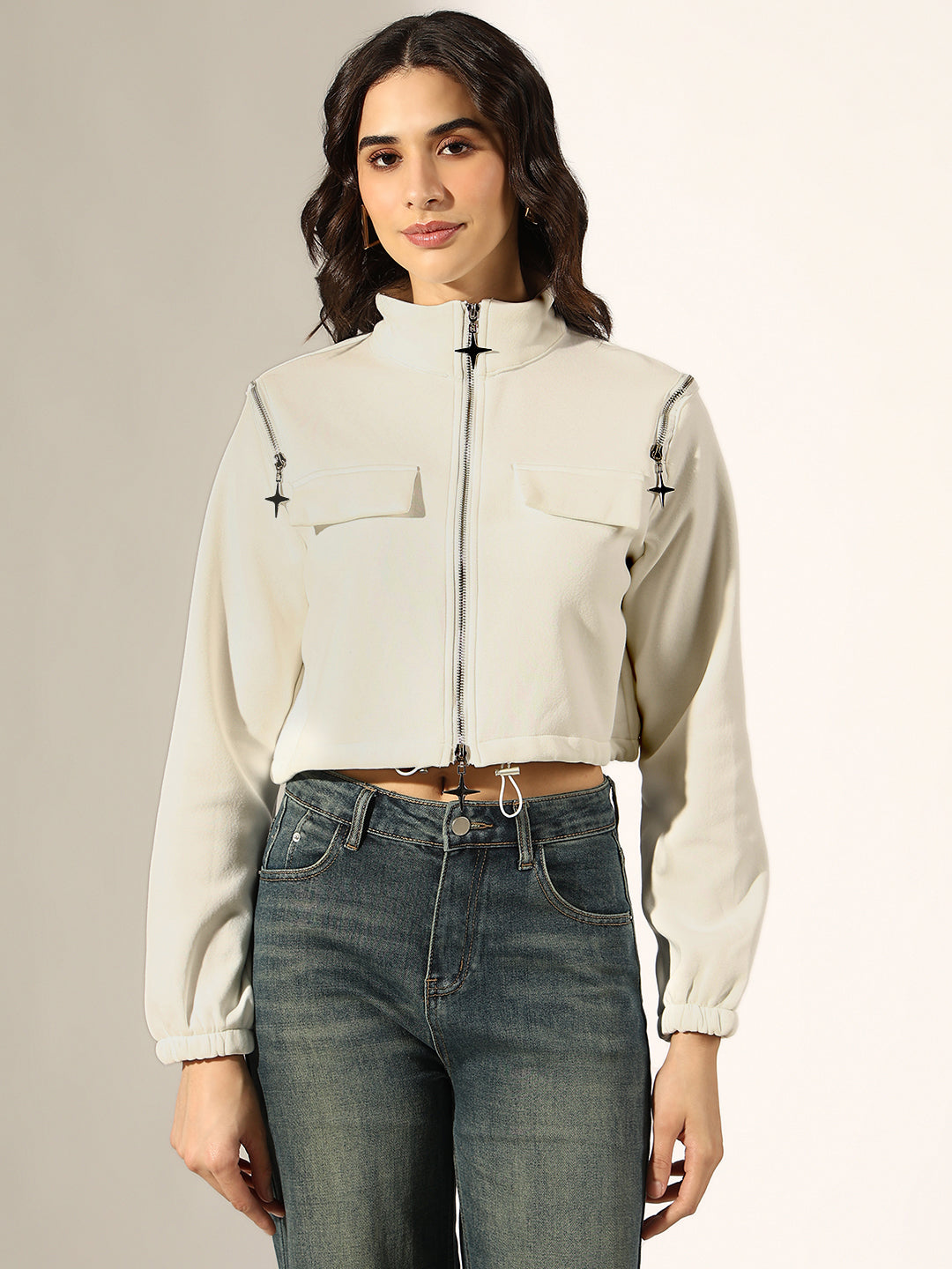 Women's White Front-Zip Cropped Utility Jacket with Shoulder Zip Detail
