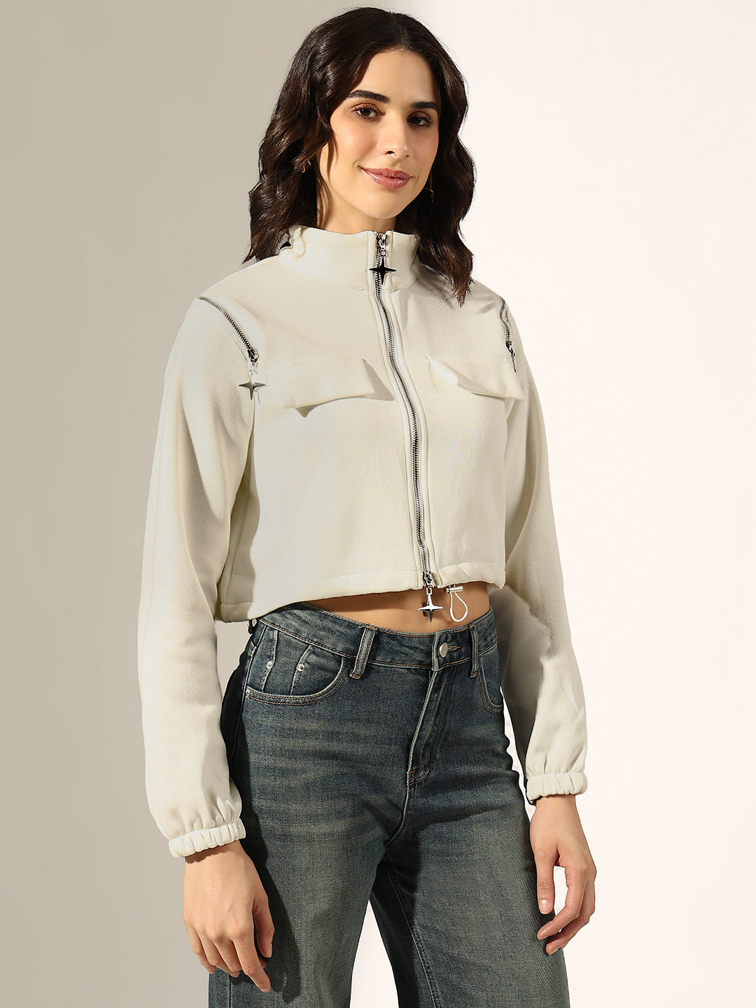 Women's White Front-Zip Cropped Utility Jacket with Shoulder Zip Detail