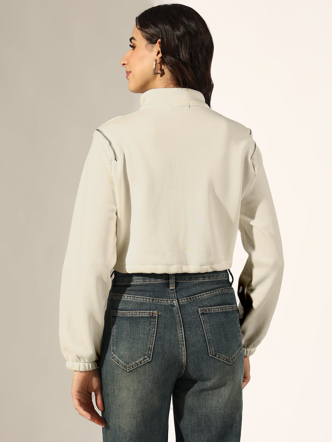 Women's White Front-Zip Cropped Utility Jacket with Shoulder Zip Detail