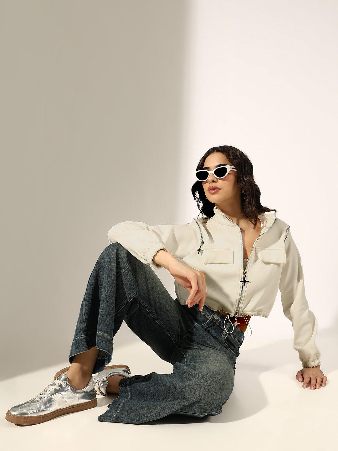 Women's White Front-Zip Cropped Utility Jacket with Shoulder Zip Detail