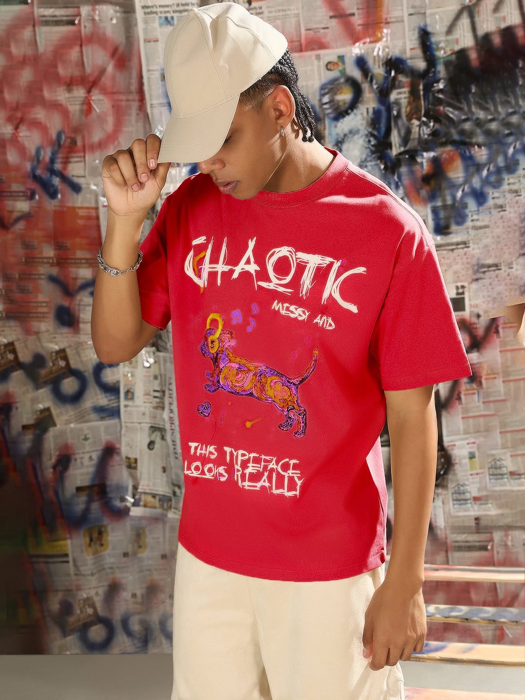 Men's Graphic Printed Pink Relaxed Fit T-Shirt