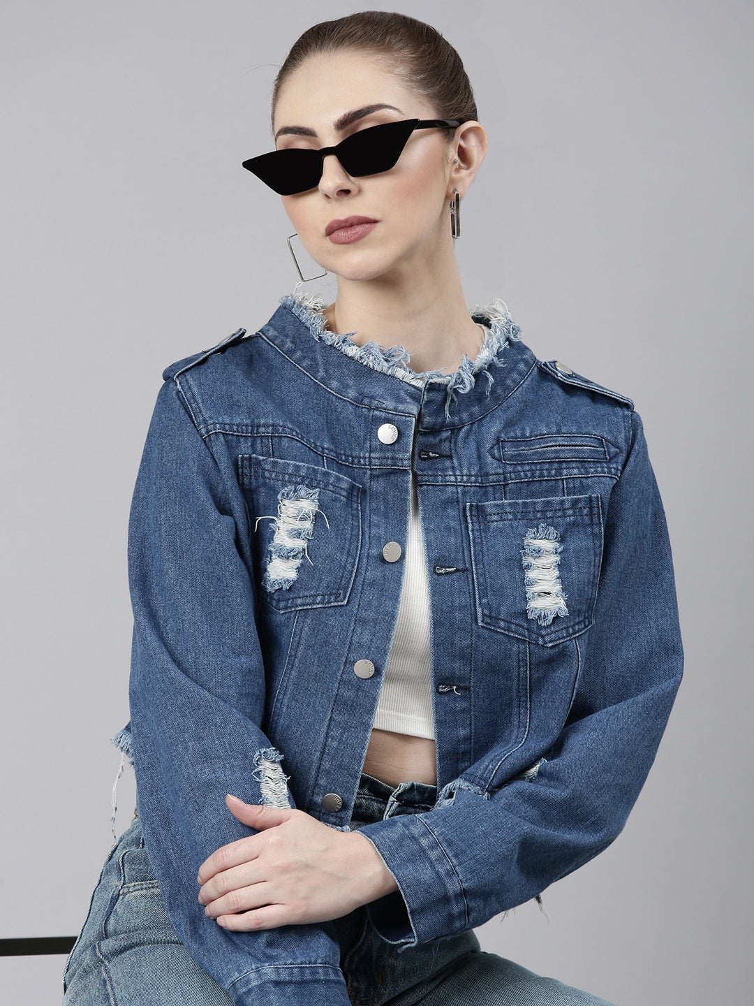 Women Blue Solid Denim Jacket