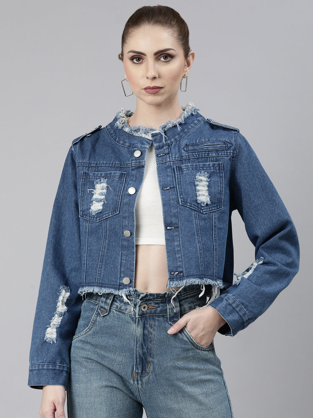 Women Blue Solid Denim Jacket