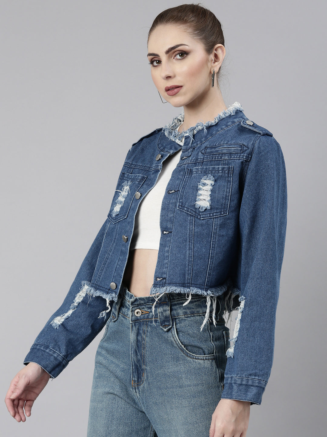 Women Blue Solid Denim Jacket