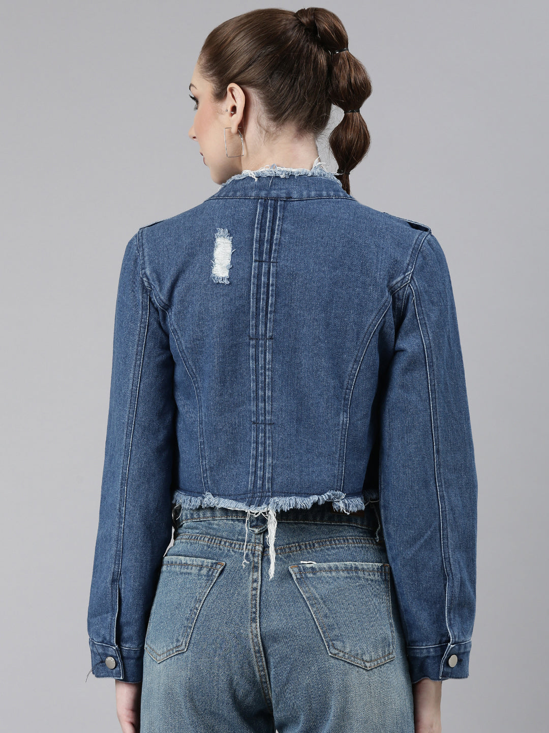 Women Blue Solid Denim Jacket