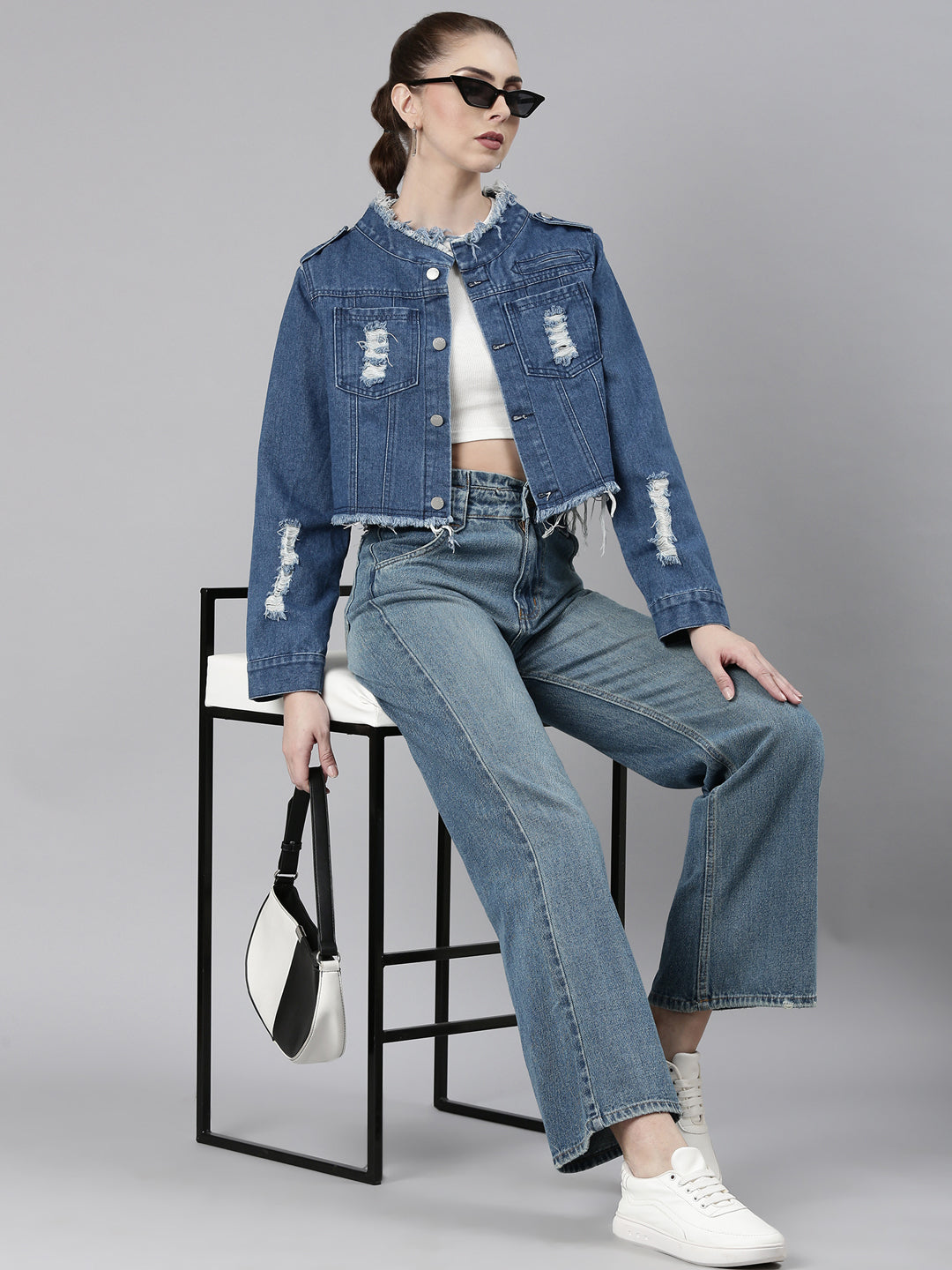 Women Blue Solid Denim Jacket