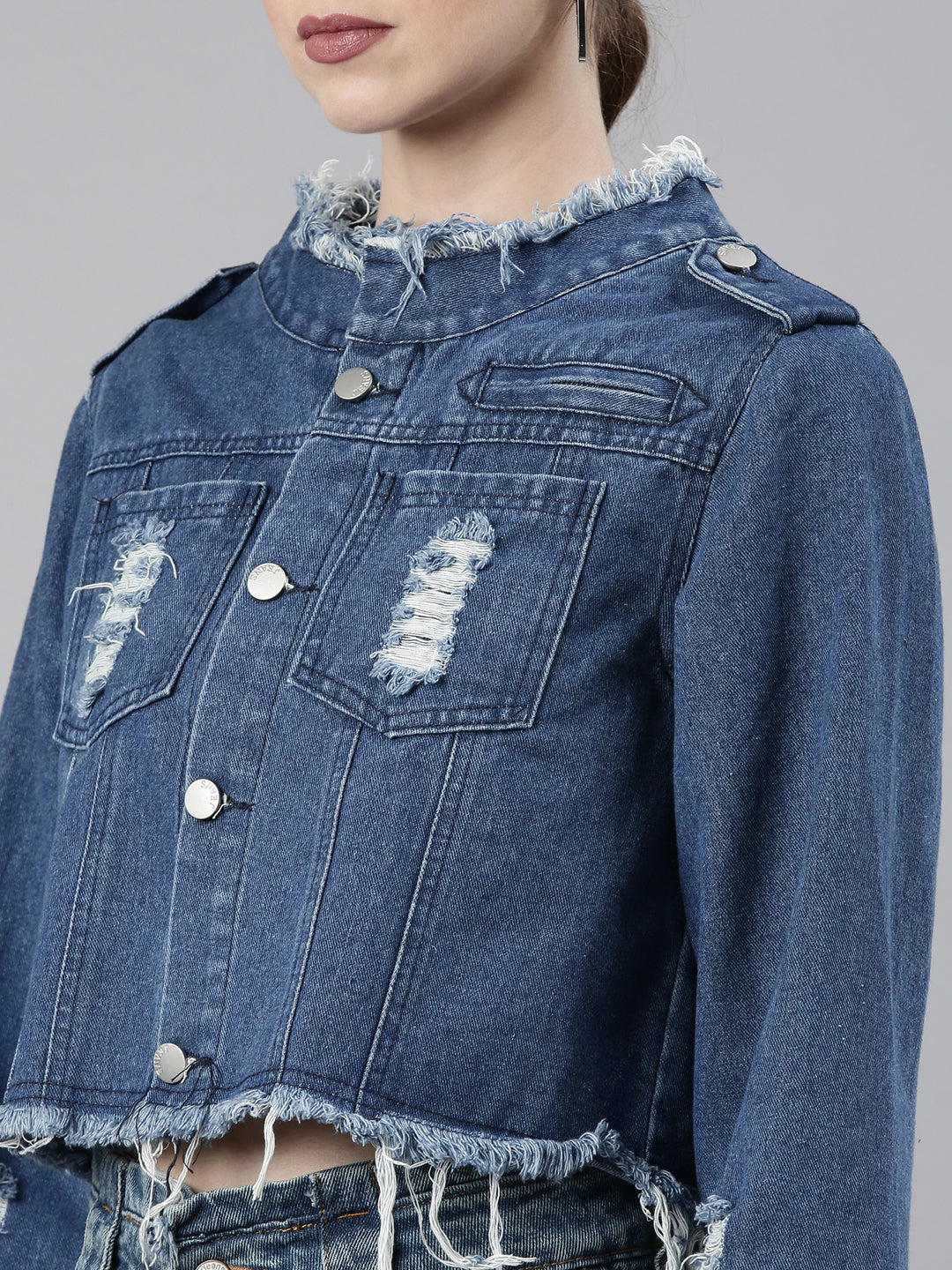 Women Blue Solid Denim Jacket