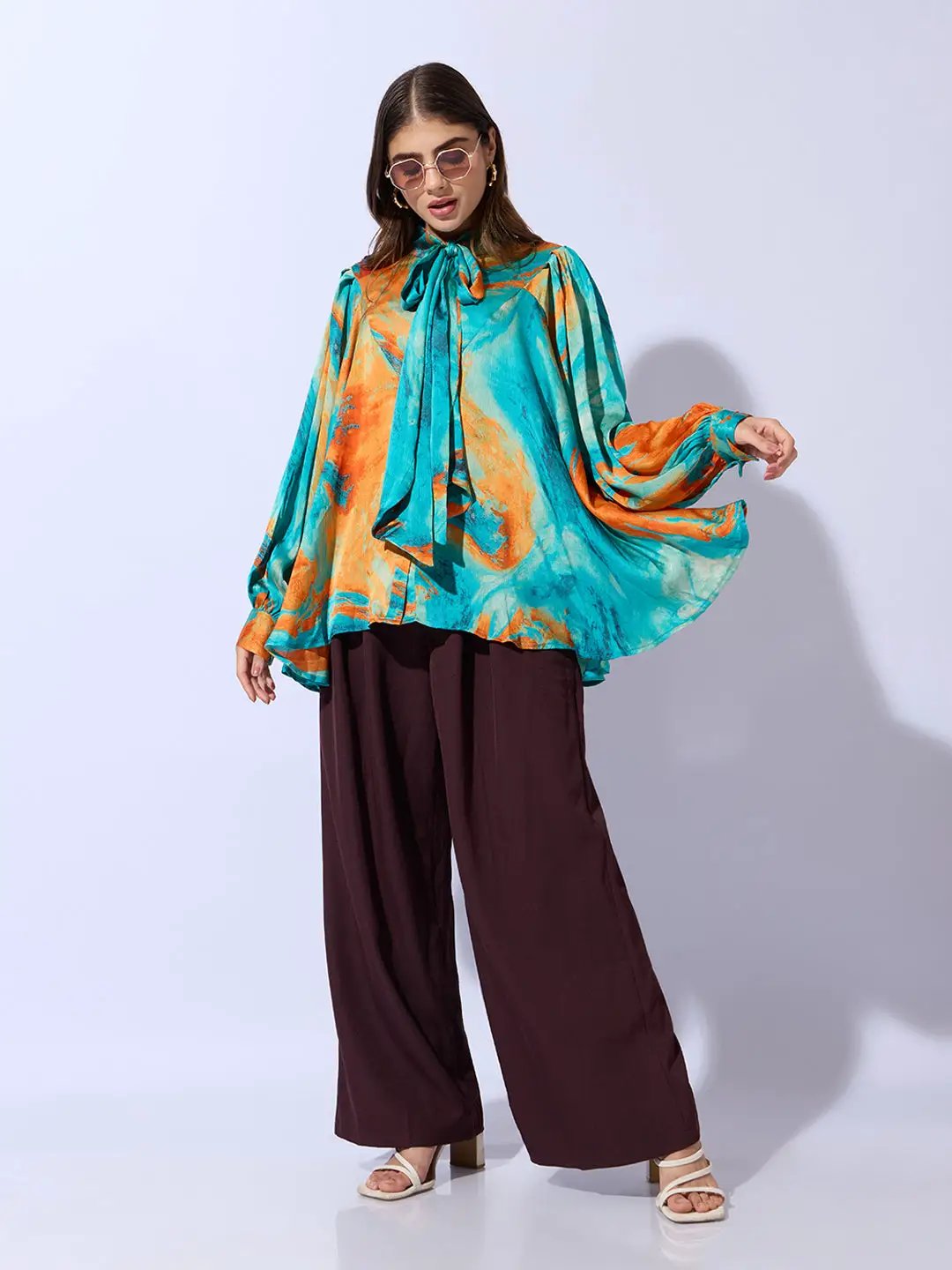 Women's Abstract Print Green Satin Blouse
