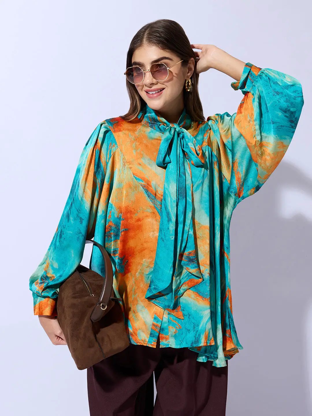 Women's Abstract Print Green Satin Blouse