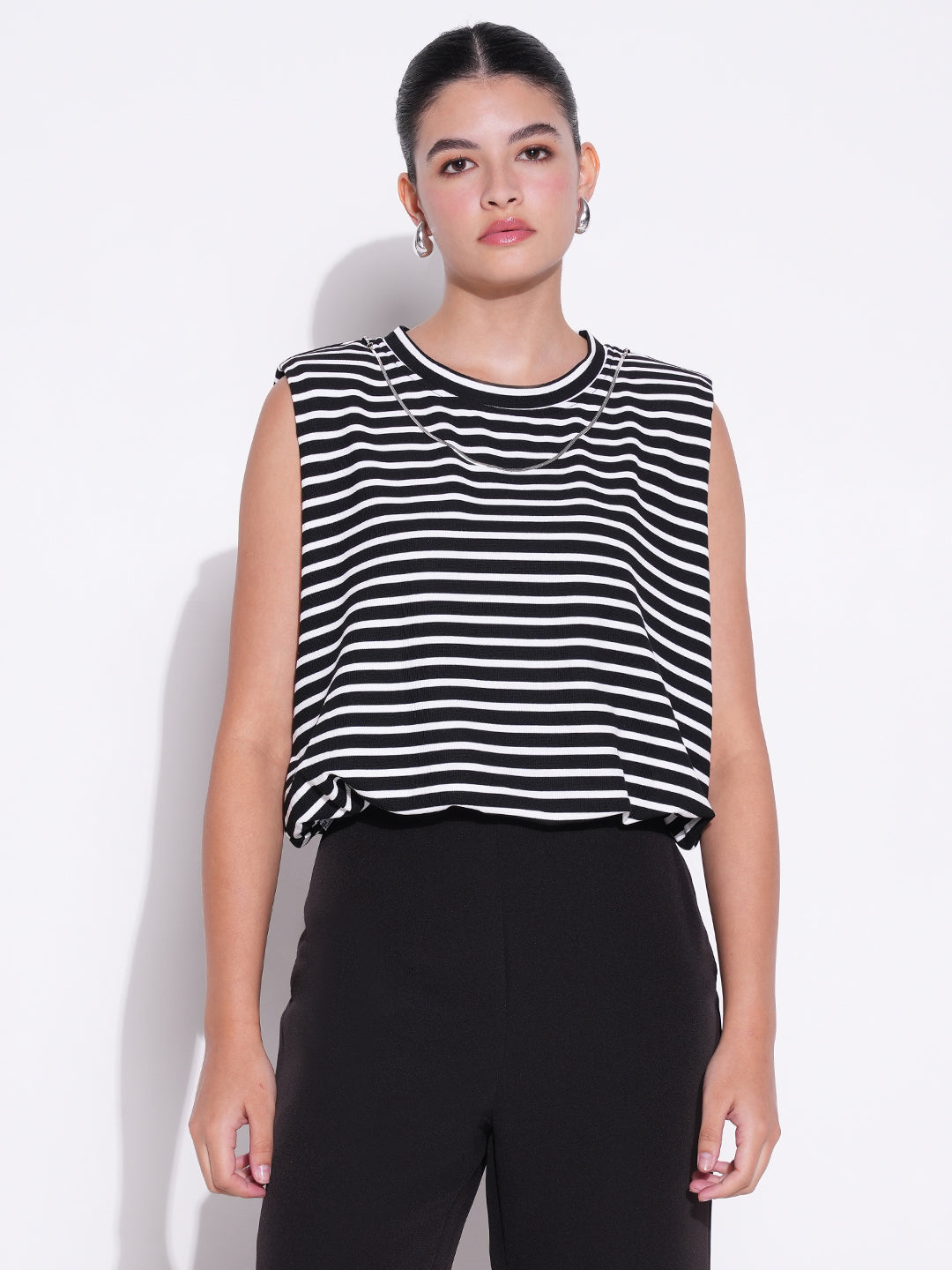 Women Black Striped Top with Chain