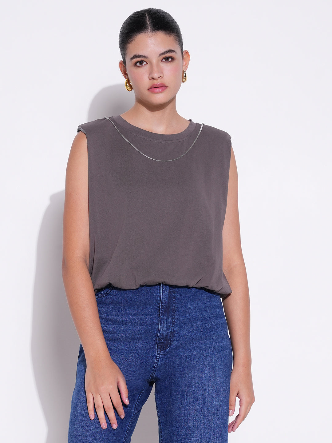 Women Grey Solid Top with Chain