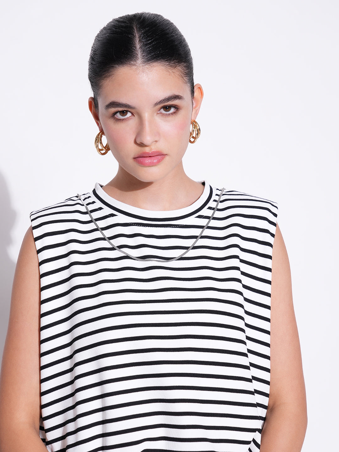 Women White Striped Top with Chain