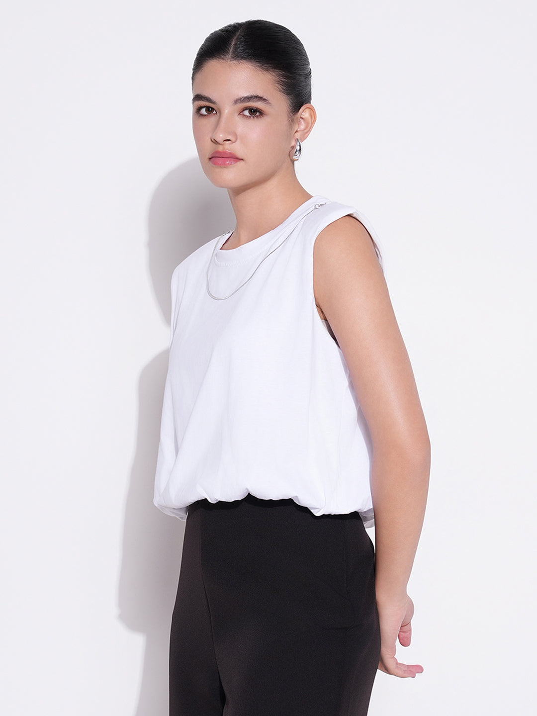 Women White Solid Top with Chain