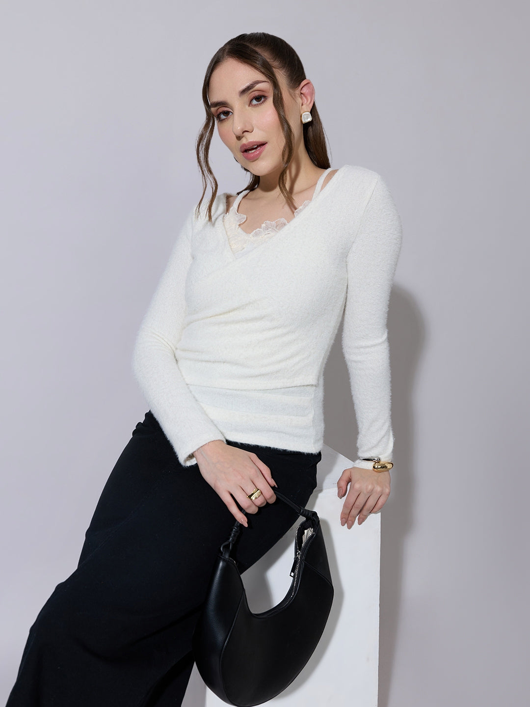 Women's Off White Wrap-Style Top with Textured V-Neckline