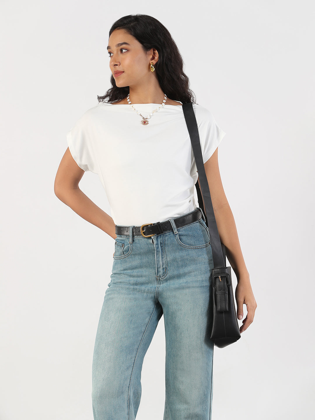 Women Casual Solid Boat Neck White Top