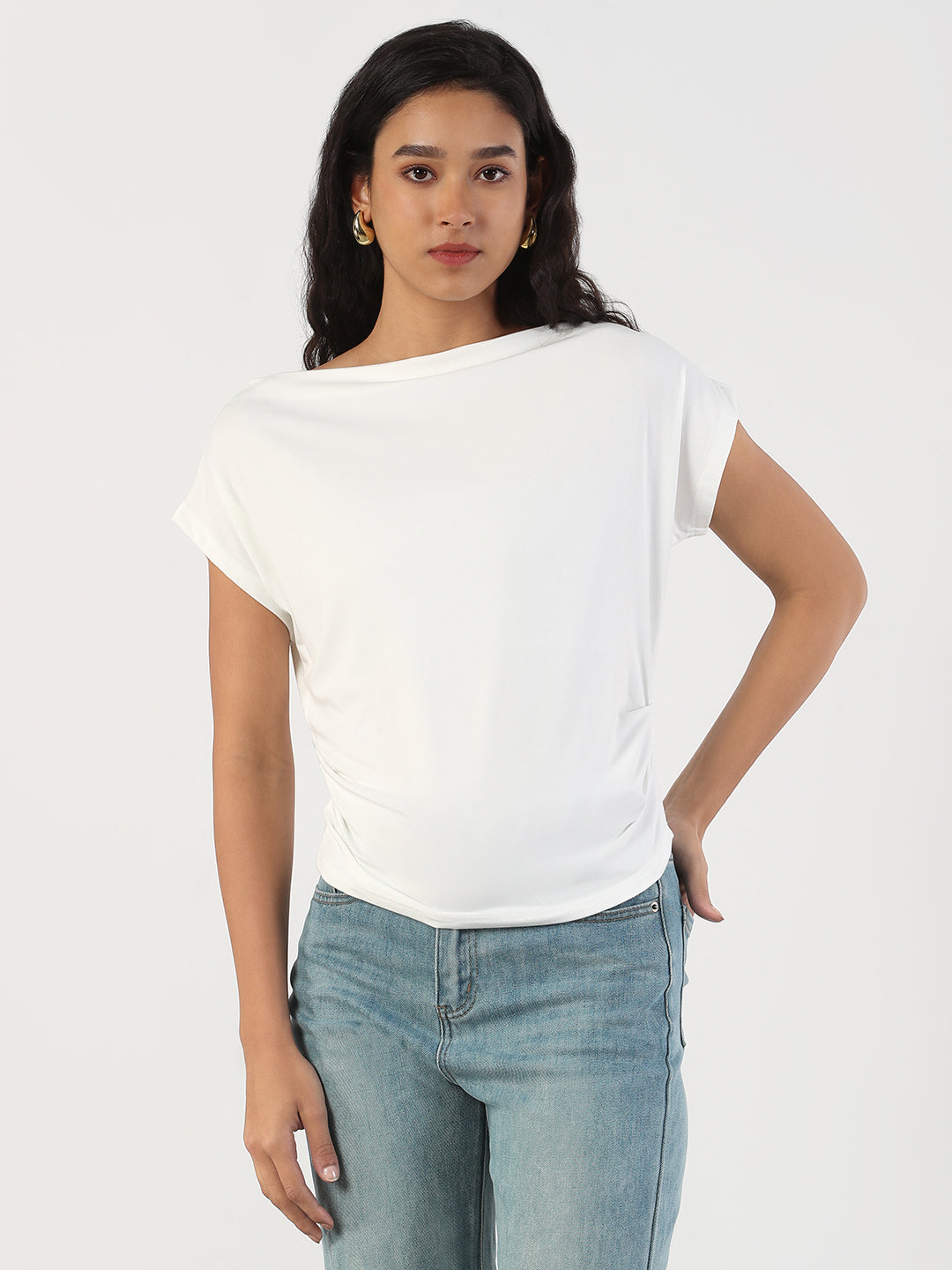 Women Casual Solid Boat Neck White Top