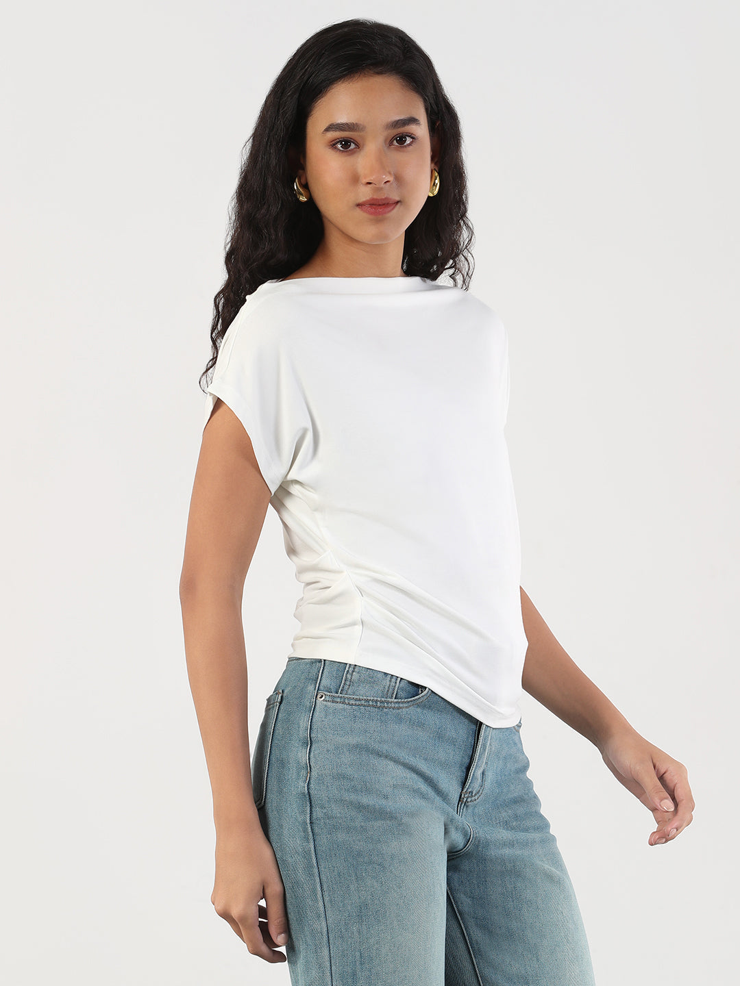 Women Casual Solid Boat Neck White Top