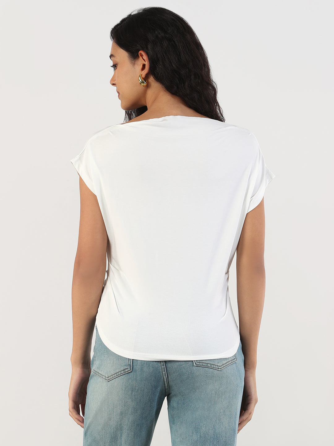 Women Casual Solid Boat Neck White Top