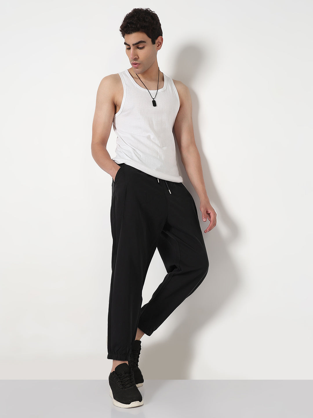 Men's Black Regular Fit Joggers with Elasticated Drawstring Waist