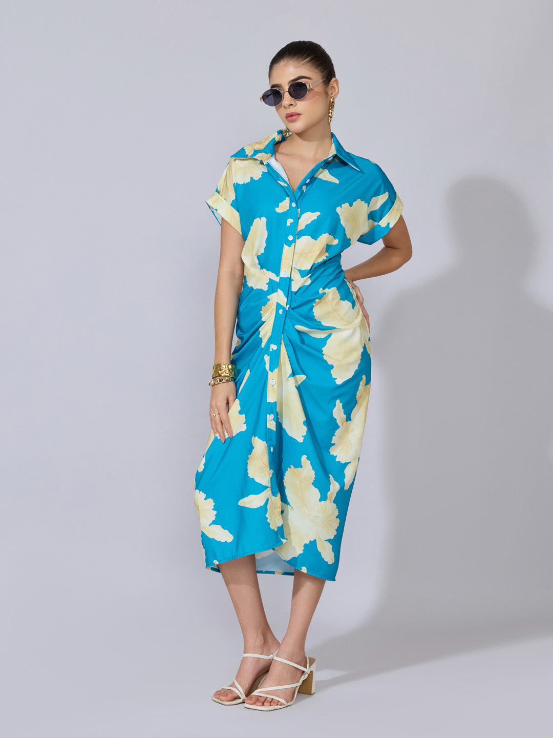 Women's Floral Blue Cream Shirt Midi Dress with Draped Waist
