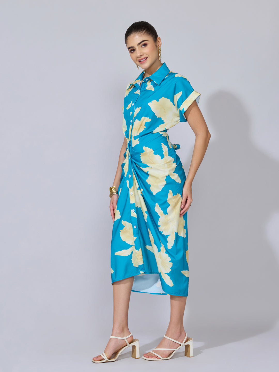 Women's Floral Blue Cream Shirt Midi Dress with Draped Waist