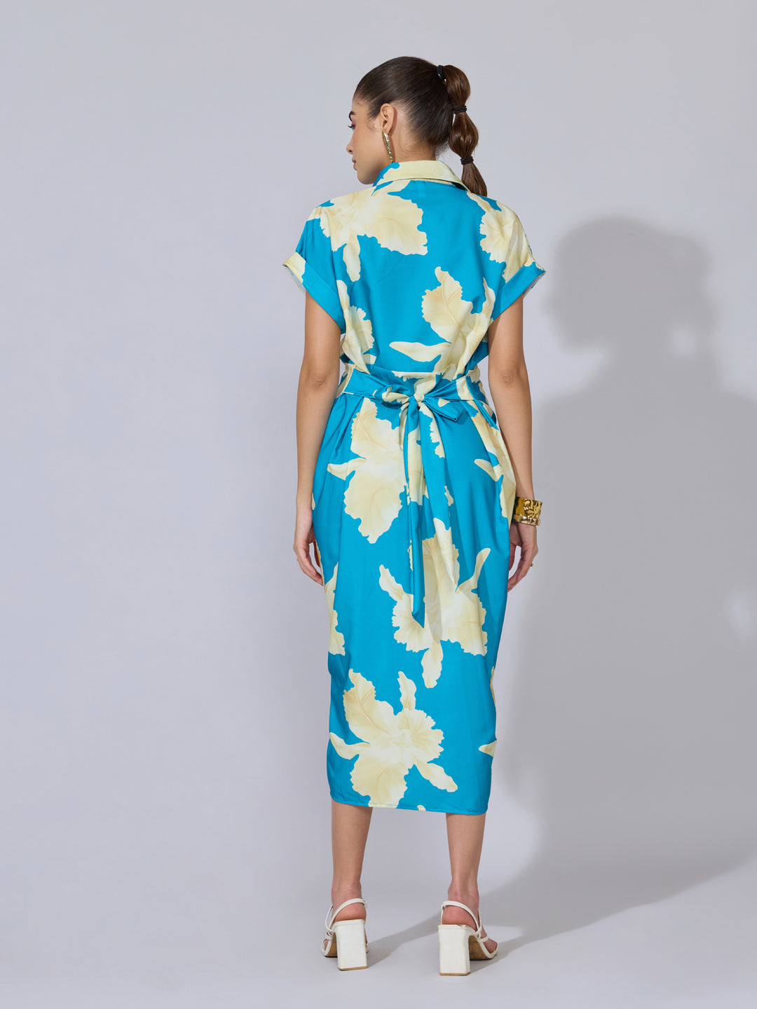 Women's Floral Blue Cream Shirt Midi Dress with Draped Waist